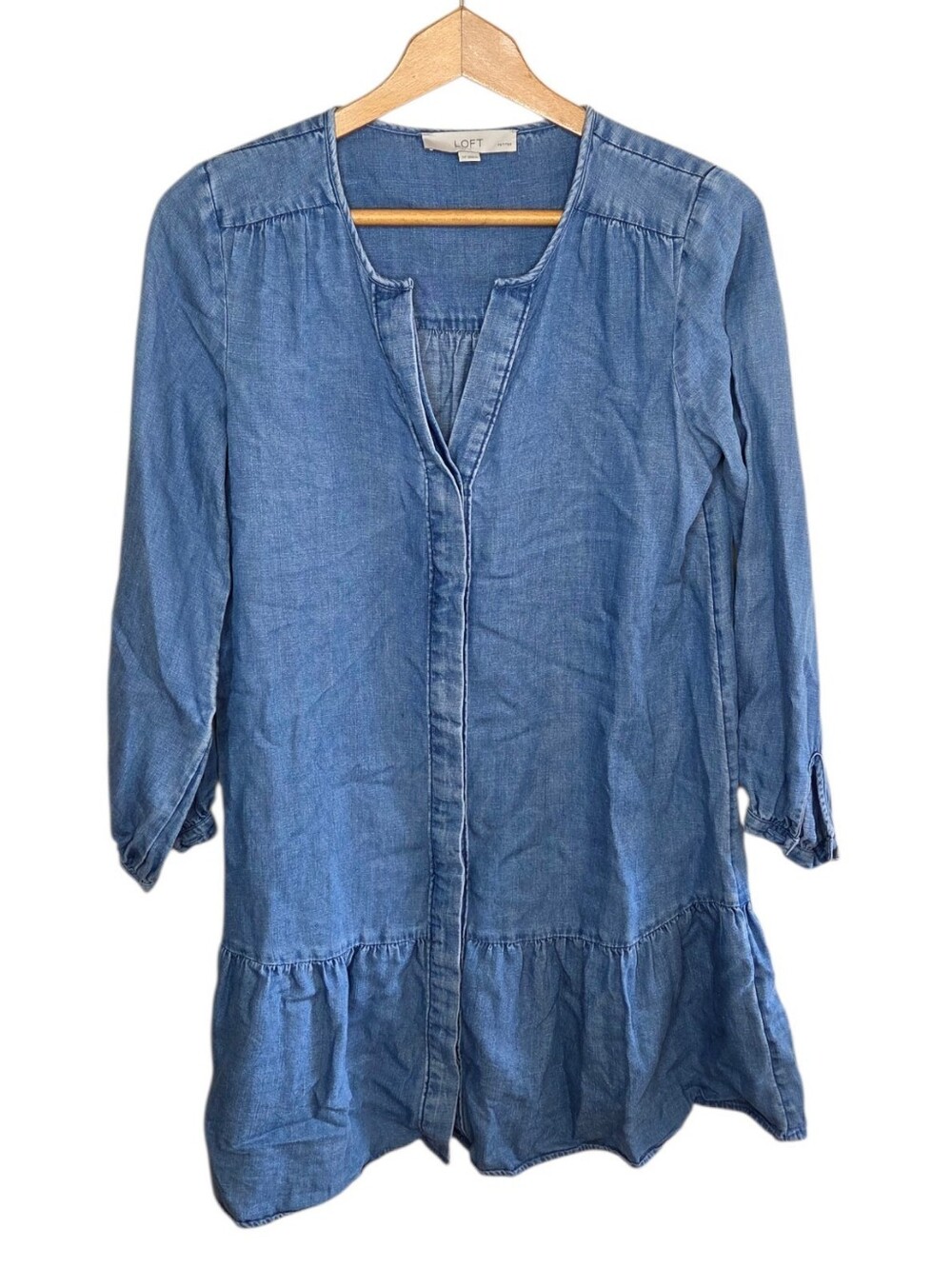 Loft Chambray Denim Long Sleeve Button Front Ruffle Hem Shirt Dress Small Petite